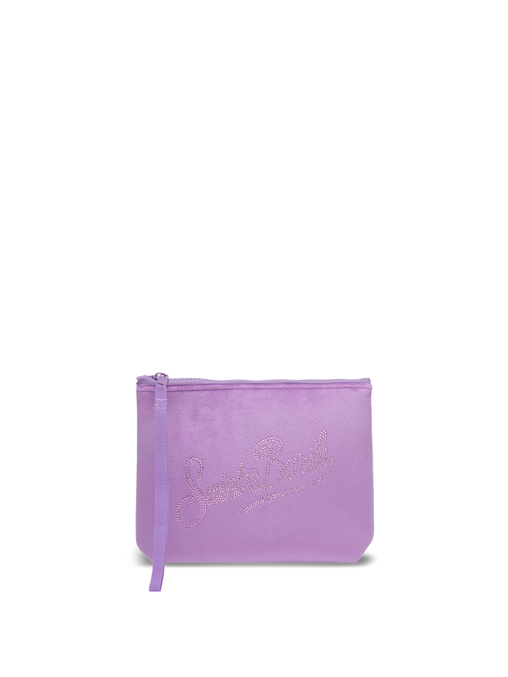 Aline lilac velvet pochette with Saint Barth rhinestone logo