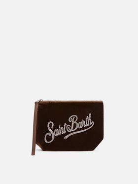 Terciopelo Bronze Aline pochette con logotipo de strass 