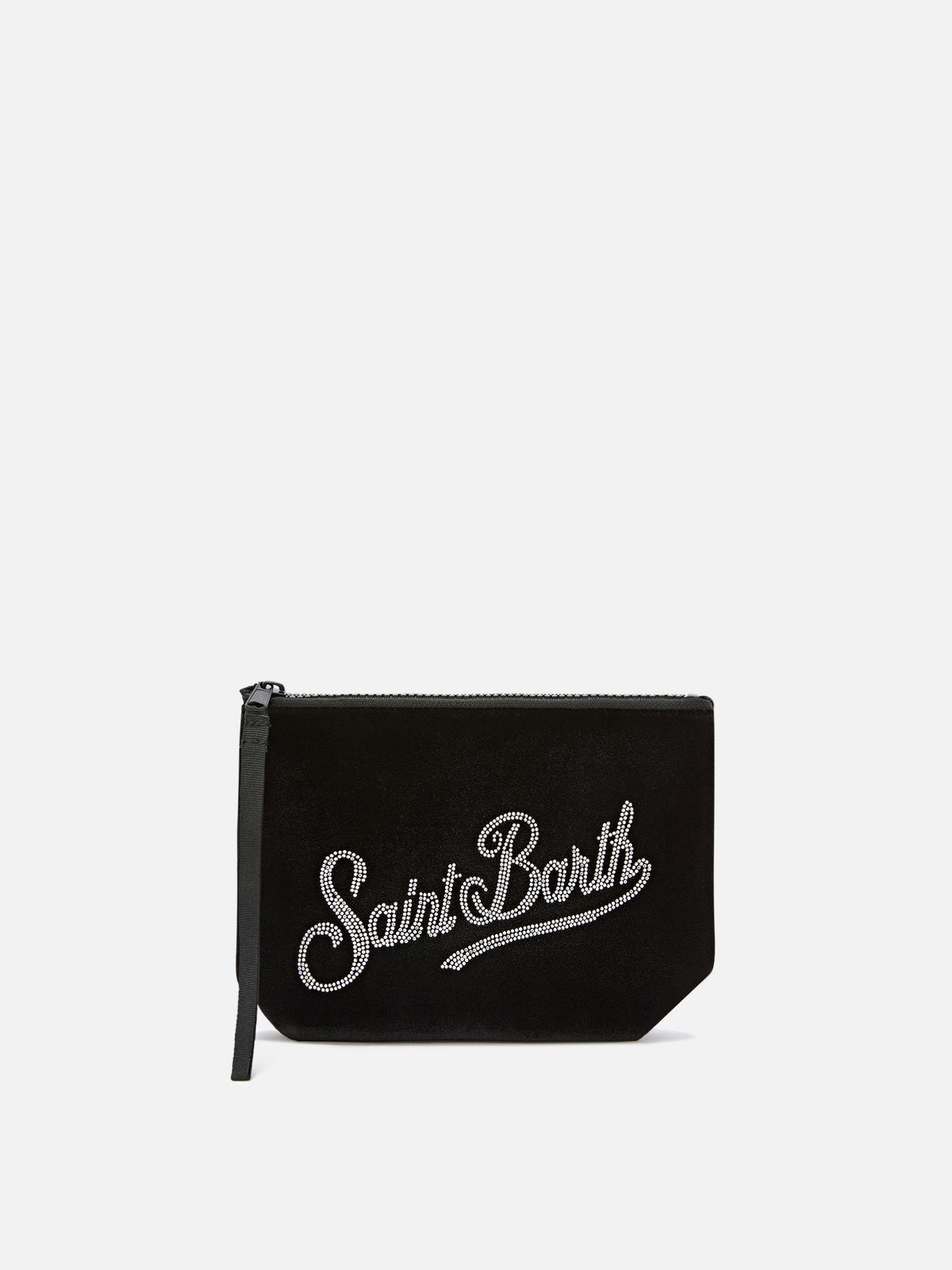 Aline en velours noir pochette avec logo en strass 