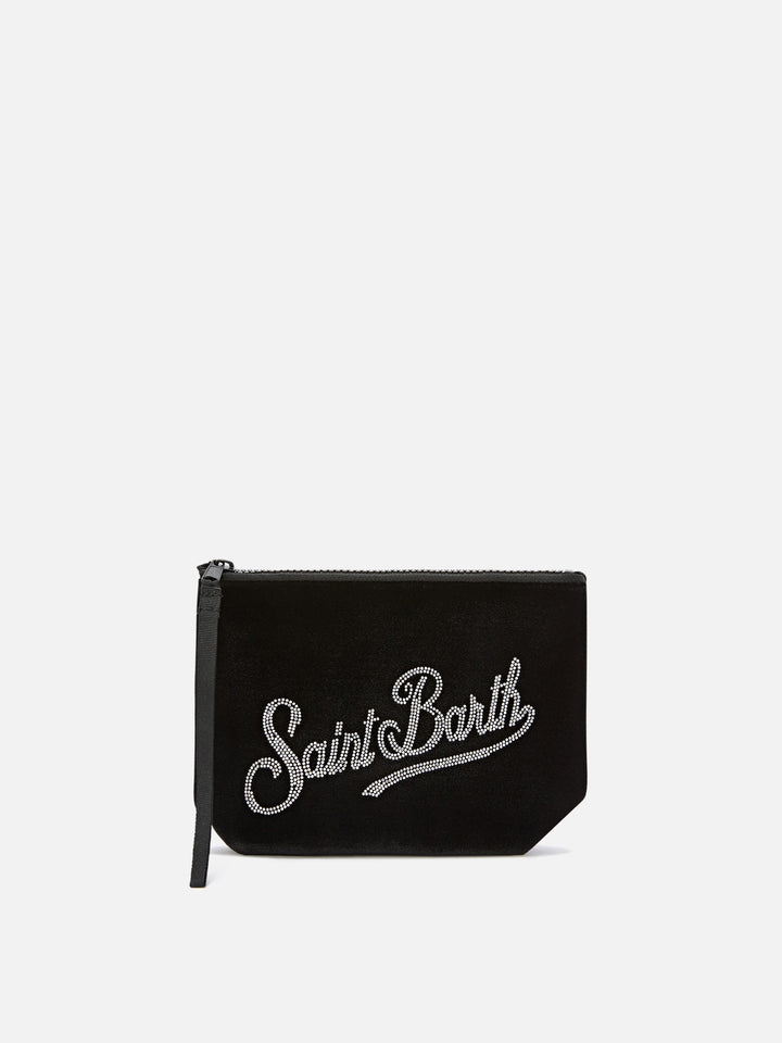 Pochette Aline nera in velluto con logo in strass
