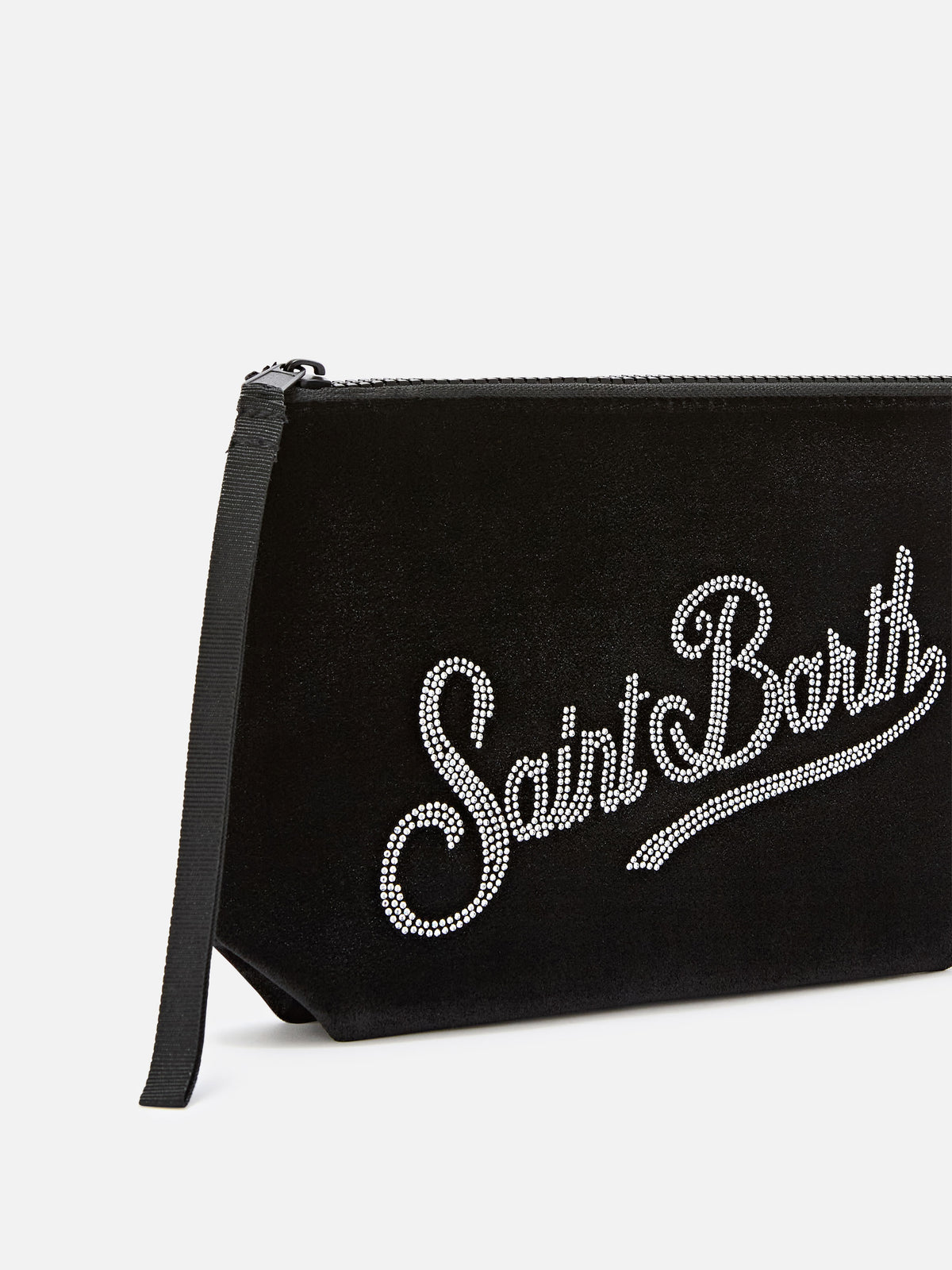 Aline en velours noir pochette avec logo en strass 