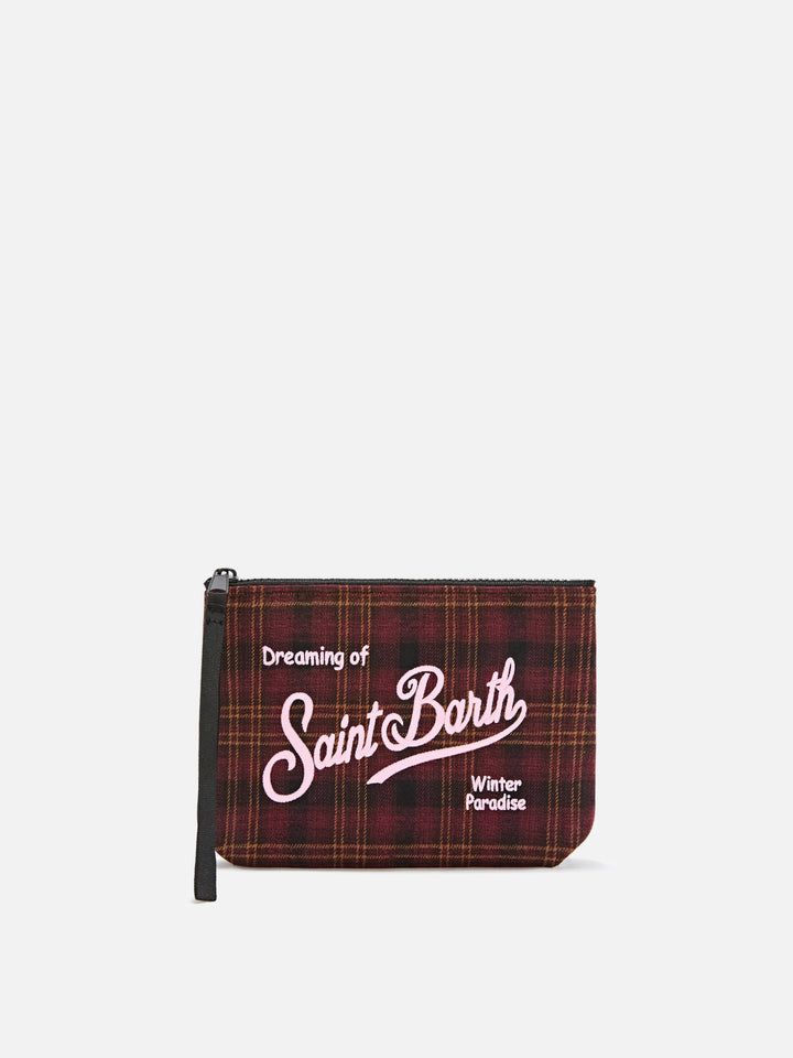 Aline wool blend pochette with tartan pattern and logo embroidery