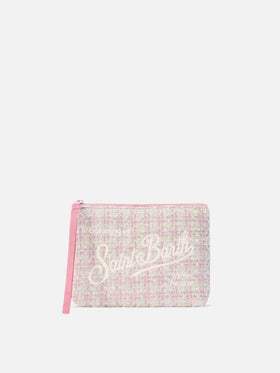 Rosafarbener Aline-Tweed pochette mit Lurex-Logo-Stickerei 