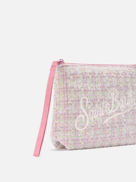 Rosafarbener Aline-Tweed pochette mit Lurex-Logo-Stickerei 