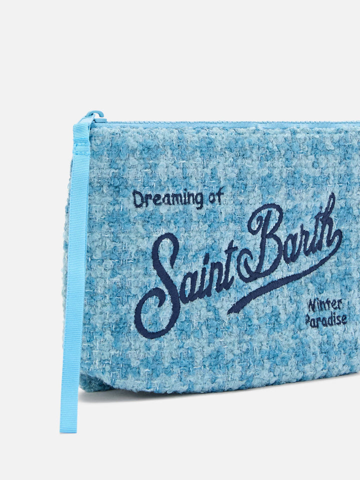 Light blue Aline tweed pochette with logo embroidery