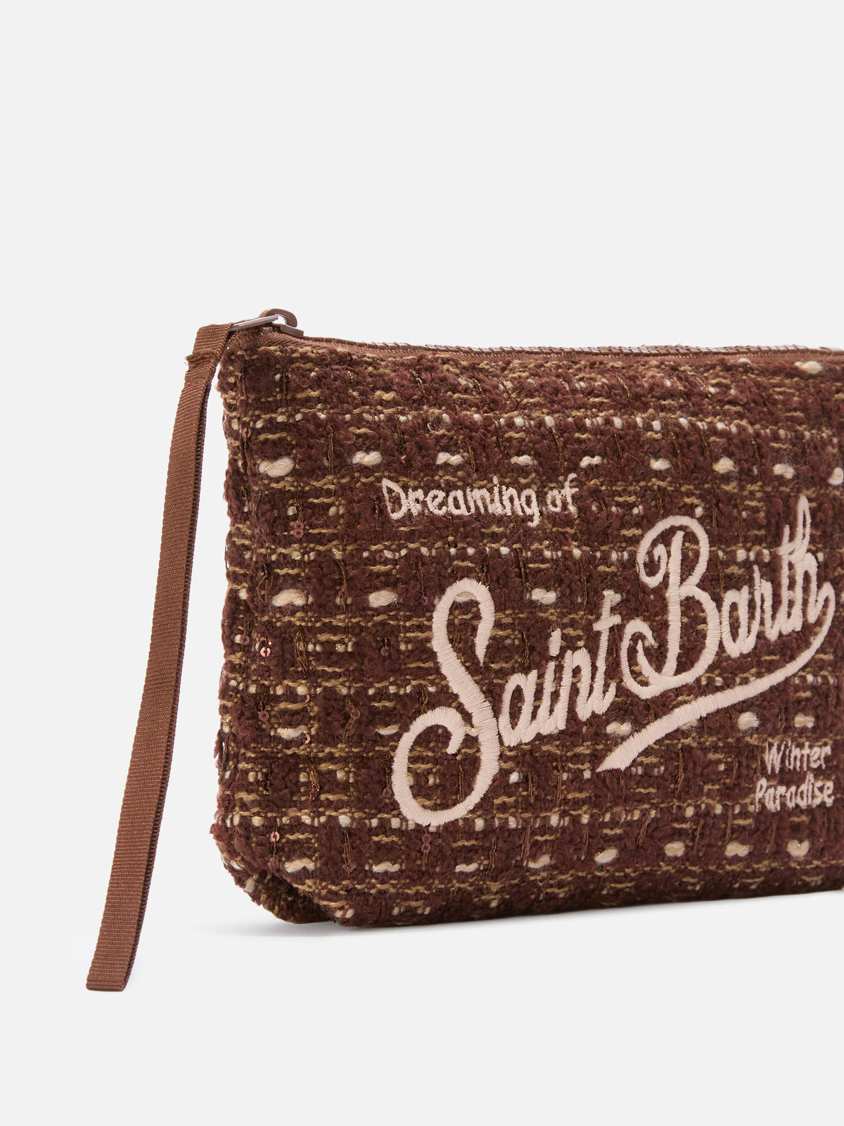Pochette Aline marrone in tweed con ricamo logo