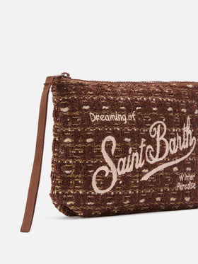 Pochette Aline marrone in tweed con ricamo logo