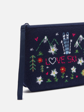 Pochette Aline blu navy in feltro con ricami fiori e cuori