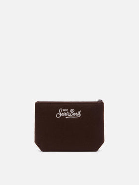 Sombrero Aline de fieltro marrón pochette con paisaje de montaña bordado 