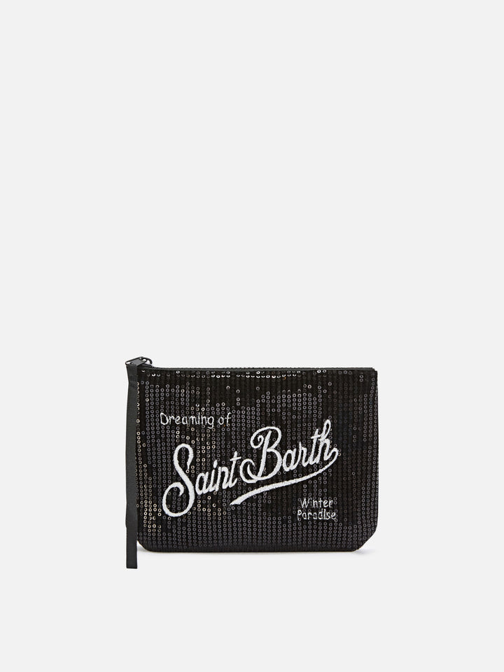Pochette Aline nera in velluto con paillettes e ricamo logo