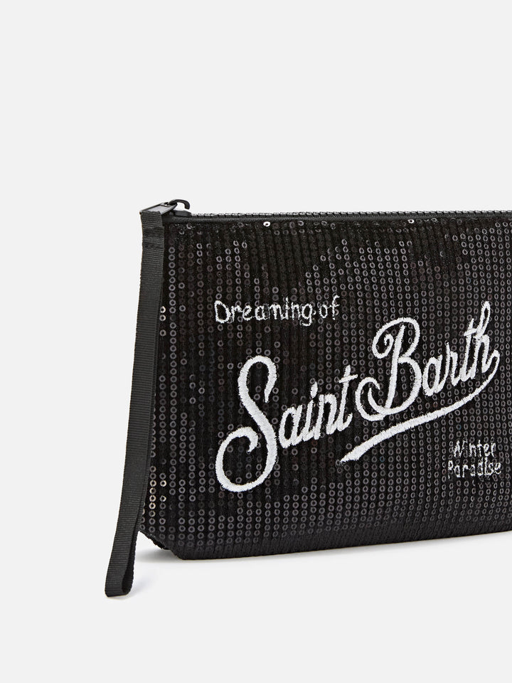 Pochette Aline nera in velluto con paillettes e ricamo logo