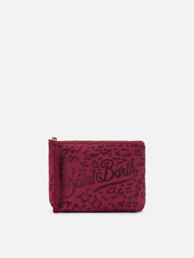 Aline scuba pouch with leopard print and applied rhinestones