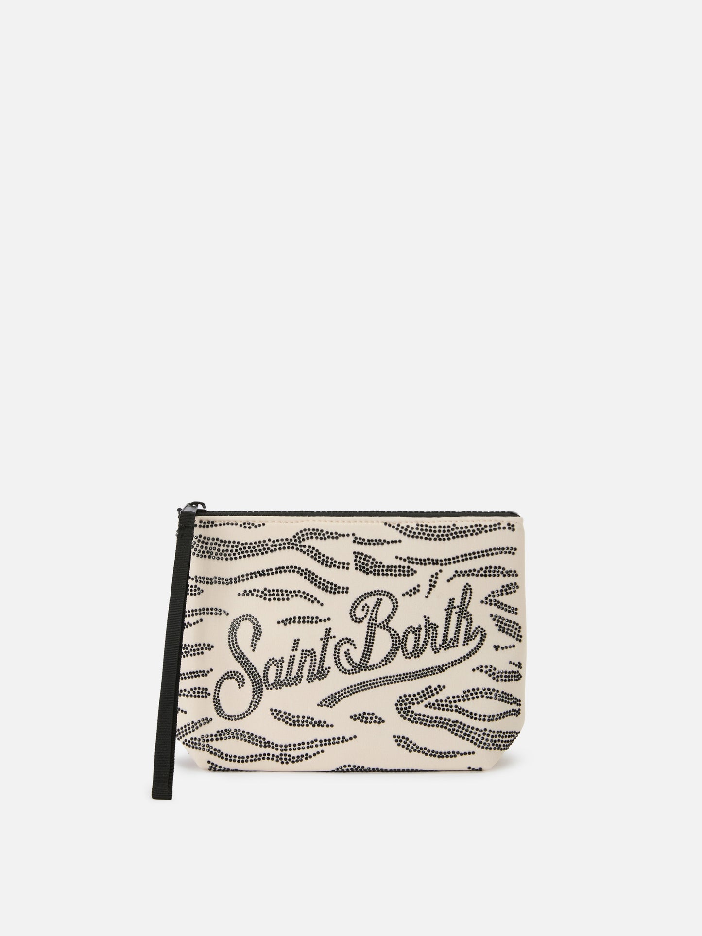 Aline scuba pouch with zebra print and applied rhinestones