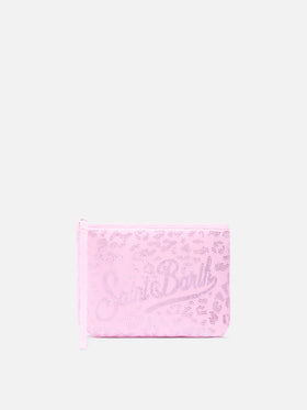 Pochette Aline en scuba con estampado de leopardo y adorno de strass 