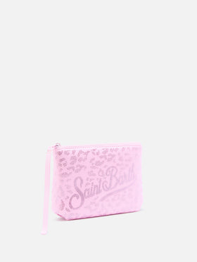 Pochette Aline en scuba con estampado de leopardo y adorno de strass 