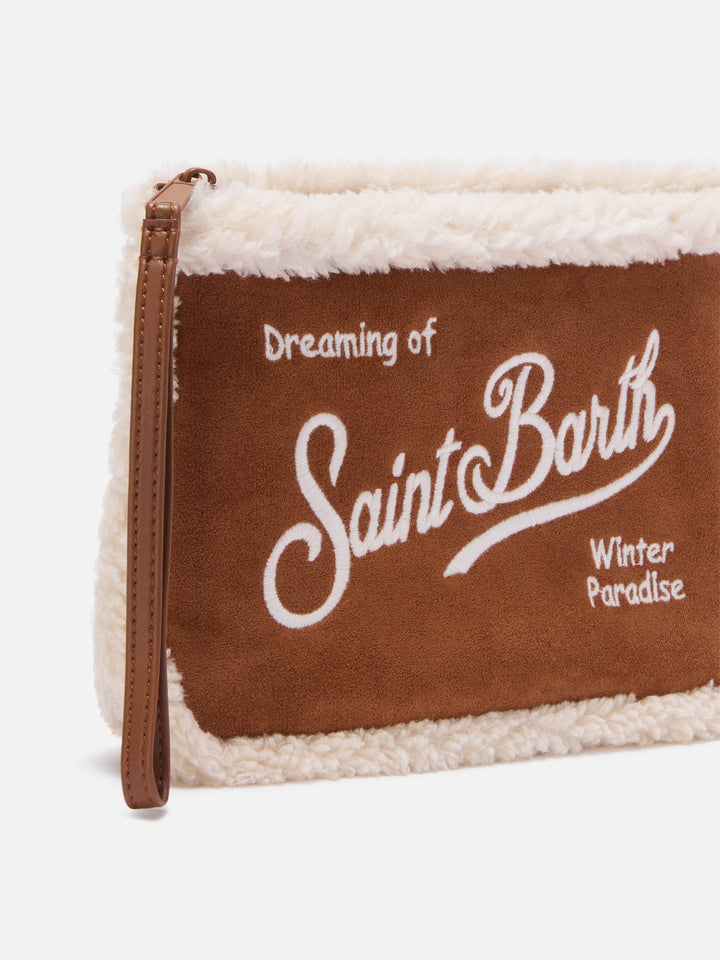 Braune Aline aus Faux-Shearling pochette mit Logostickerei 