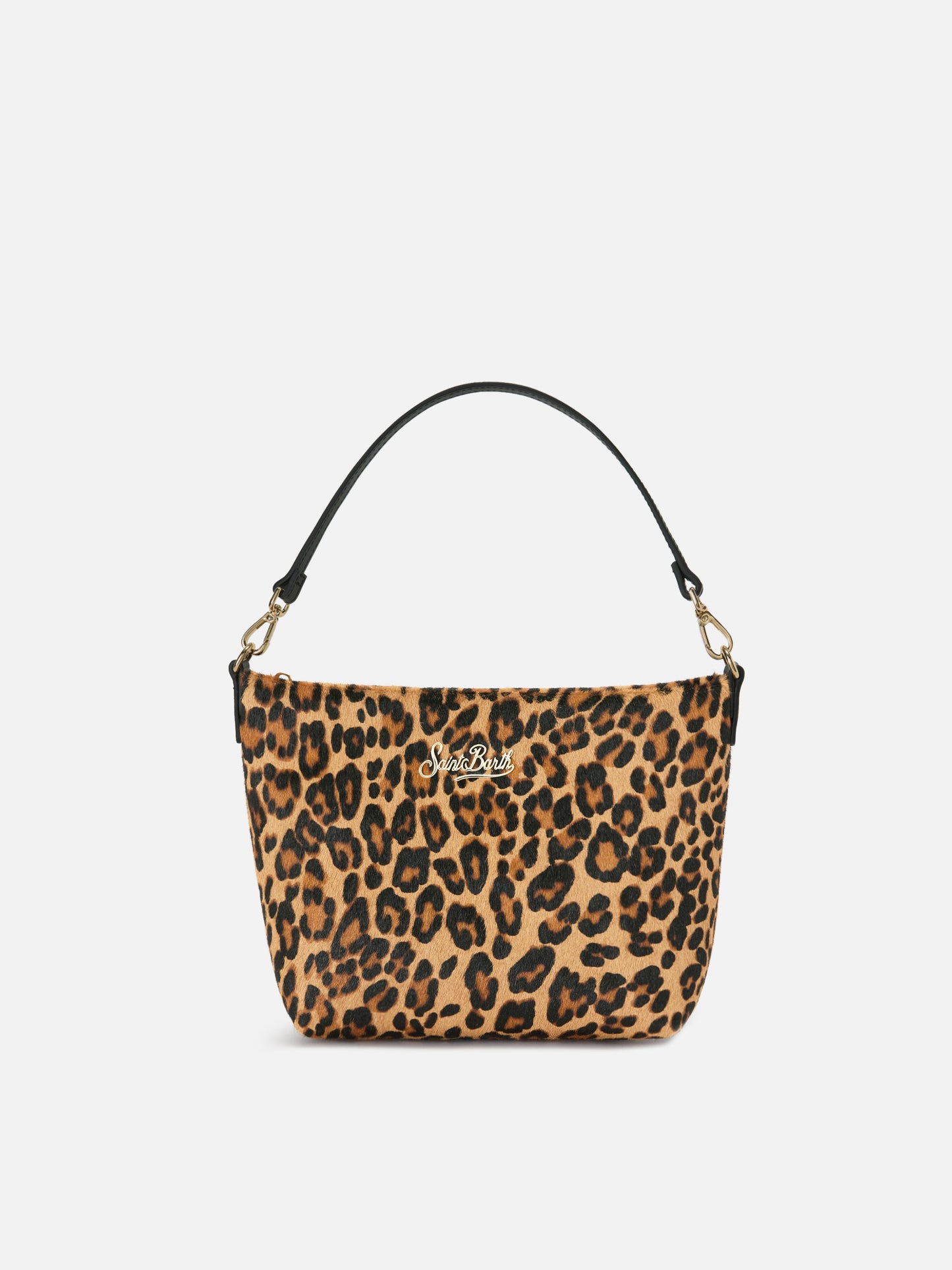 Sac Aline en poil de poulain imprimé léopard avec plaque logo en métal 