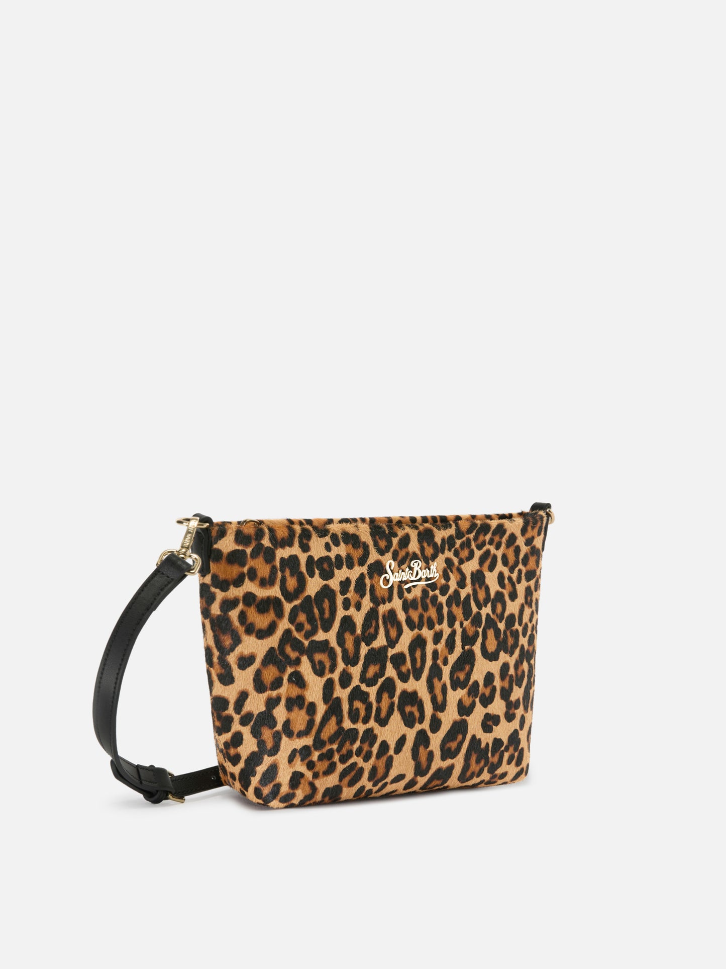 Sac Aline en poil de poulain imprimé léopard avec plaque logo en métal 