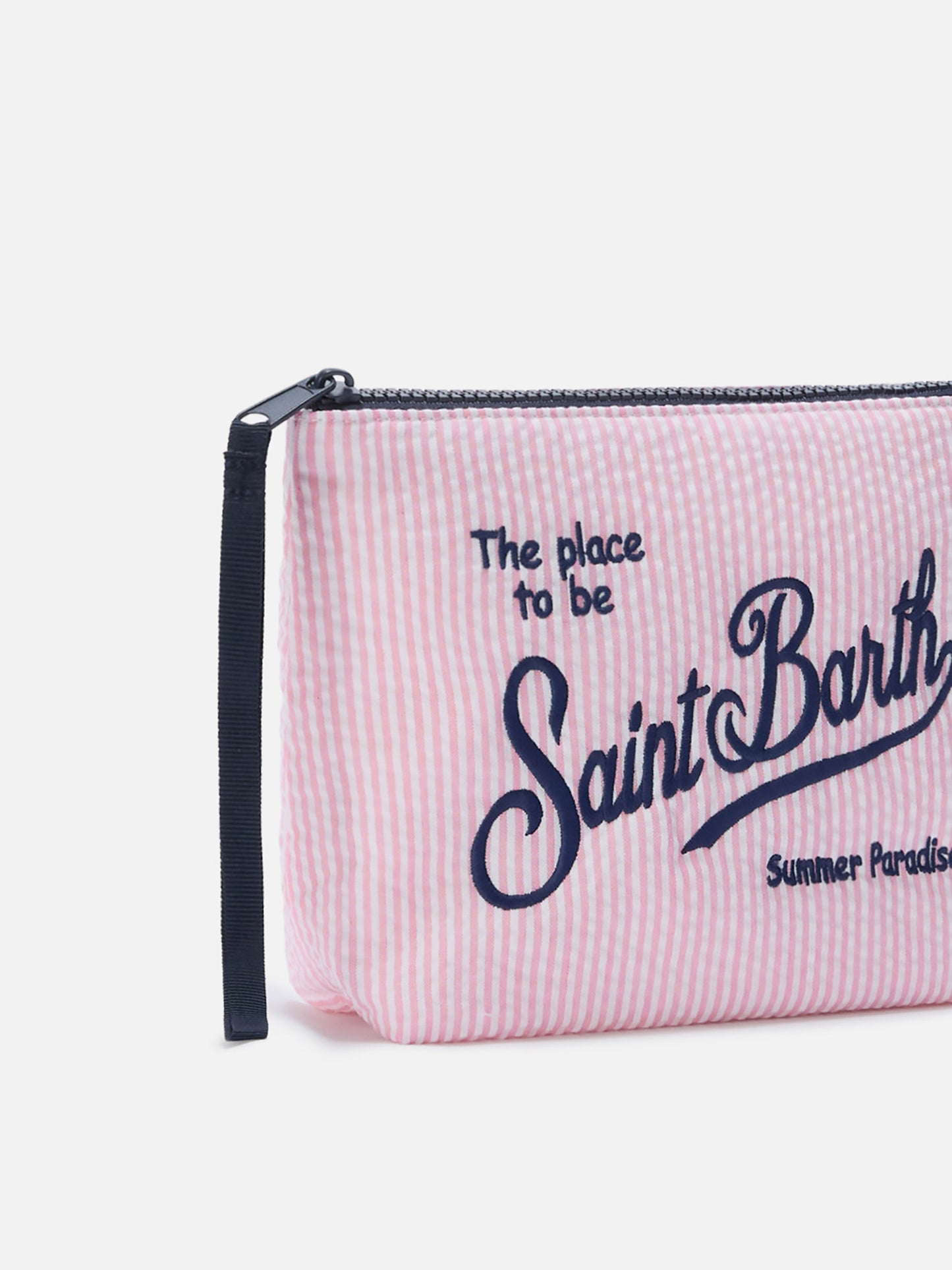 Aline pink striped seersucker cotton pouch