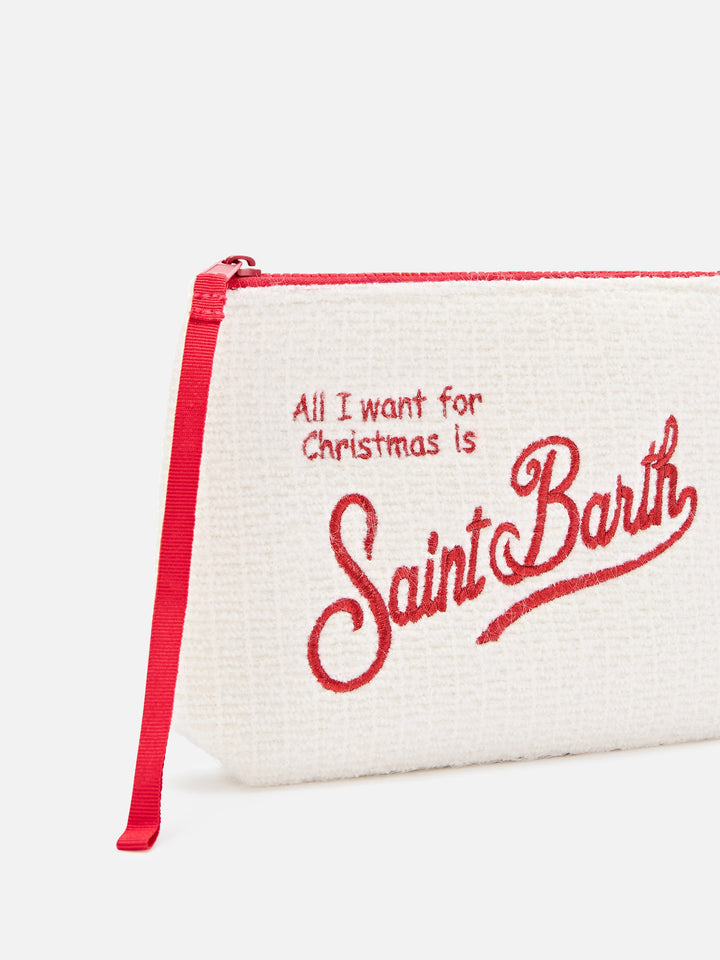 Off white Aline tricot pochette with Merry Christmas embroidery