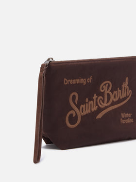 Pochette Aline marrone in tessuto cerato con ricamo logo