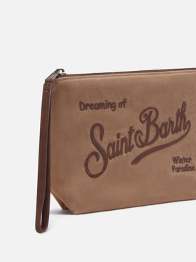 Pochette Aline nocciola in tessuto cerato con ricamo logo