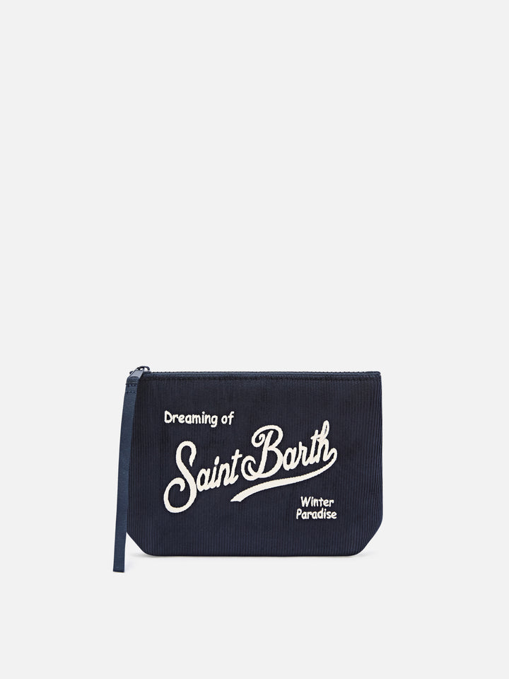Navy blue Aline corduroy pochette with logo embroidery