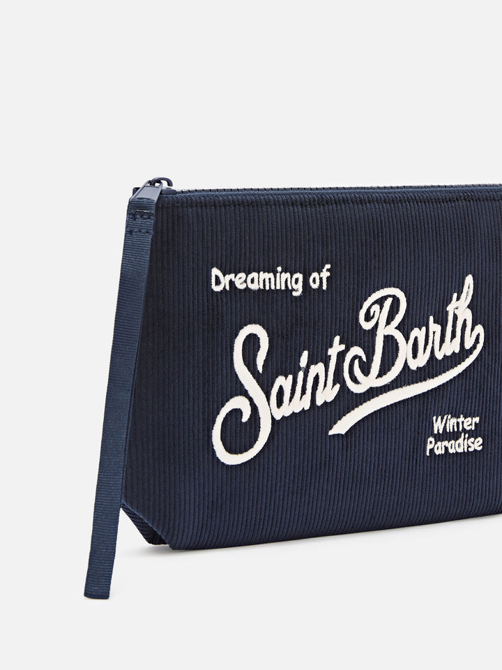 Navy blue Aline corduroy pochette with logo embroidery