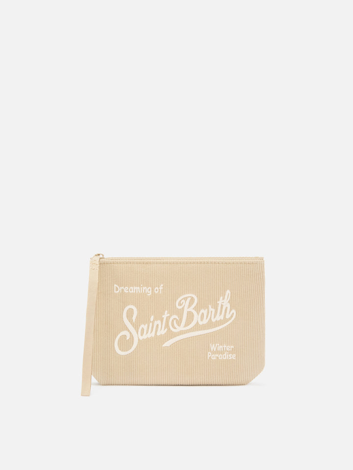Beige Aline corduroy pochette with logo embroidery