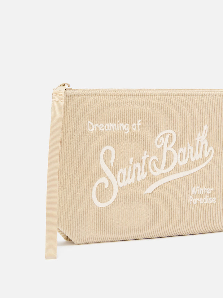Beige Aline corduroy pochette with logo embroidery