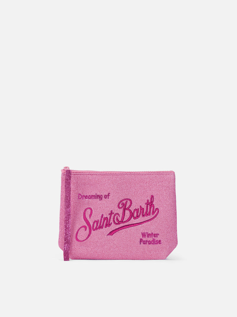 Rosa Lurex-Pochette Aline mit Logo-Stickerei