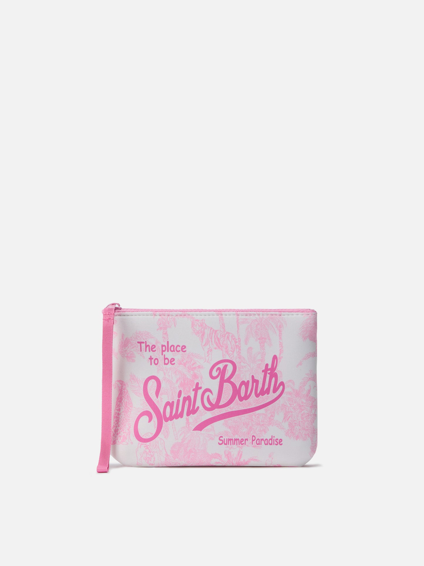 Aline scuba pouch with pink Toile de Jouy print
