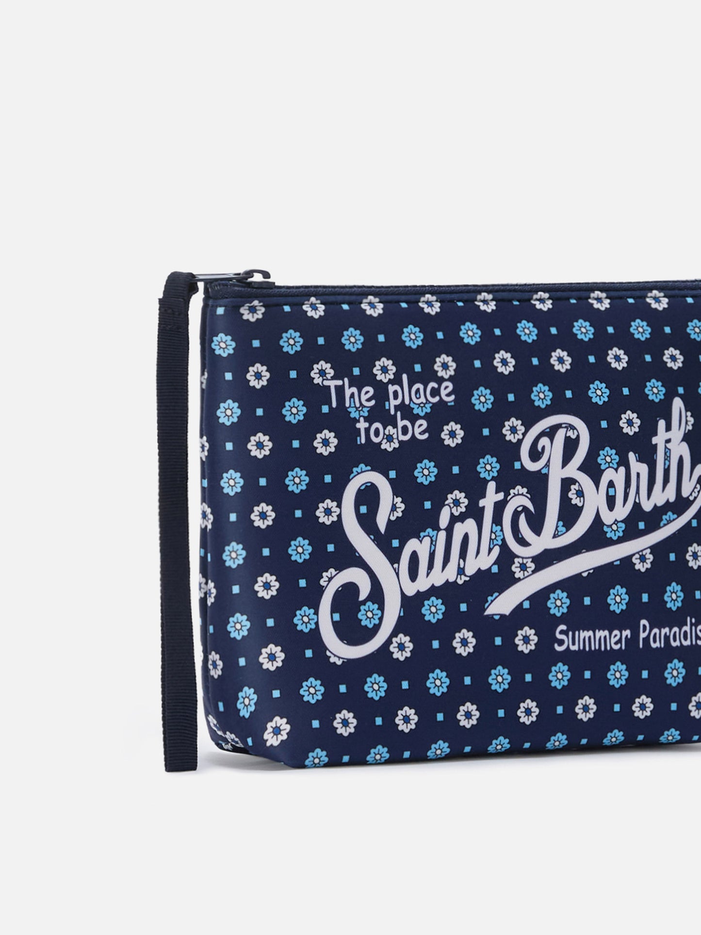 Pochette Aline in scuba blu con stampa a fiori all-over