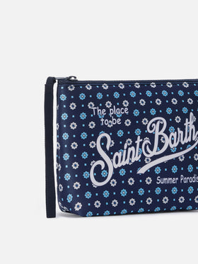 Pochette Aline in scuba blu con stampa a fiori all-over