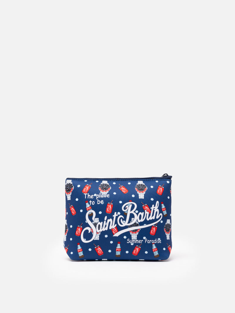 Aline Scuba-Pochette mit Uhren- und Cola-Print