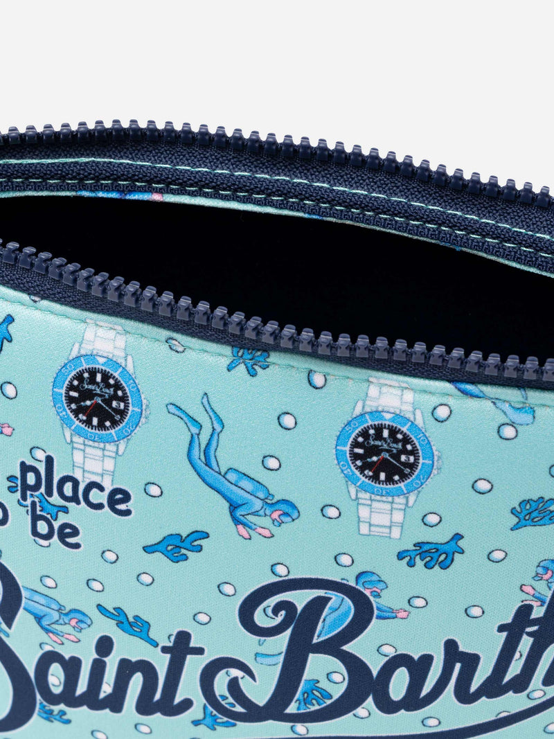 Pochette Aline in scuba con stampa orologi e sub