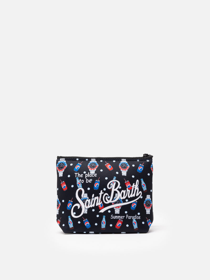 Aline Scuba-Pochette mit Uhren- und Getränke-Print