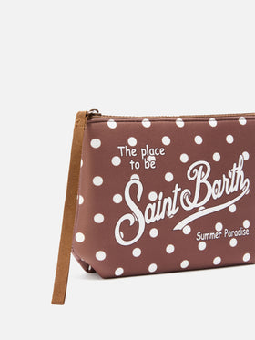 Pochette scuba Aline marron à imprimé pois 