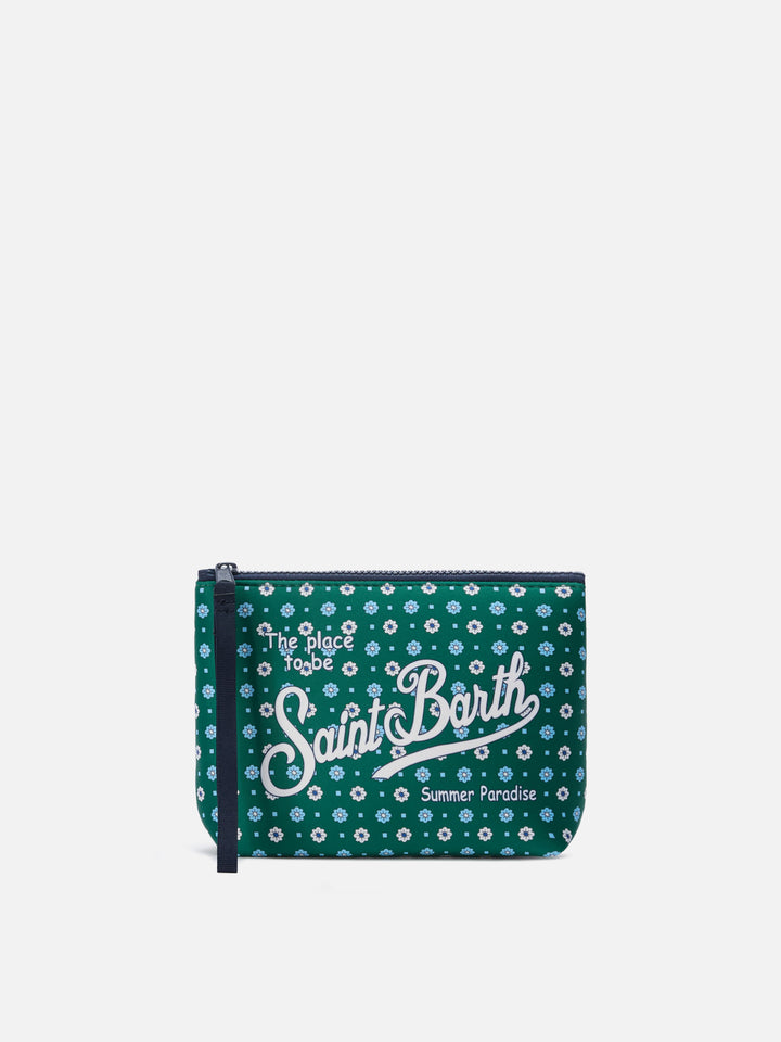 Pochette Aline in scuba verde con stampa a fiori all-over