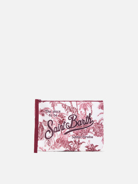 Aline scuba pouch with burgundy Toile de Jouy print
