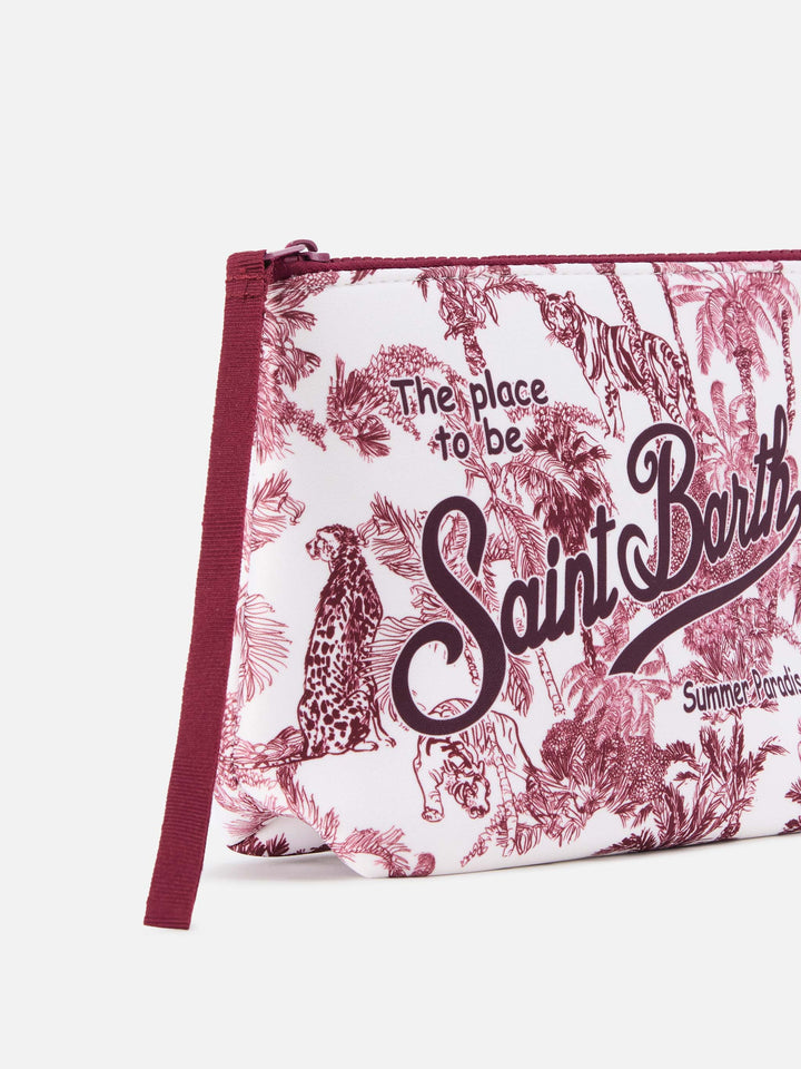 Aline scuba pouch with burgundy Toile de Jouy print