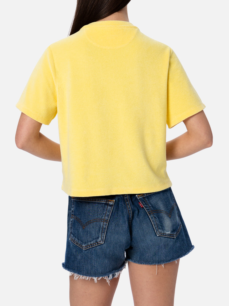 T-shirt da donna girocollo in spugna di cotone giallo pallido Emilie