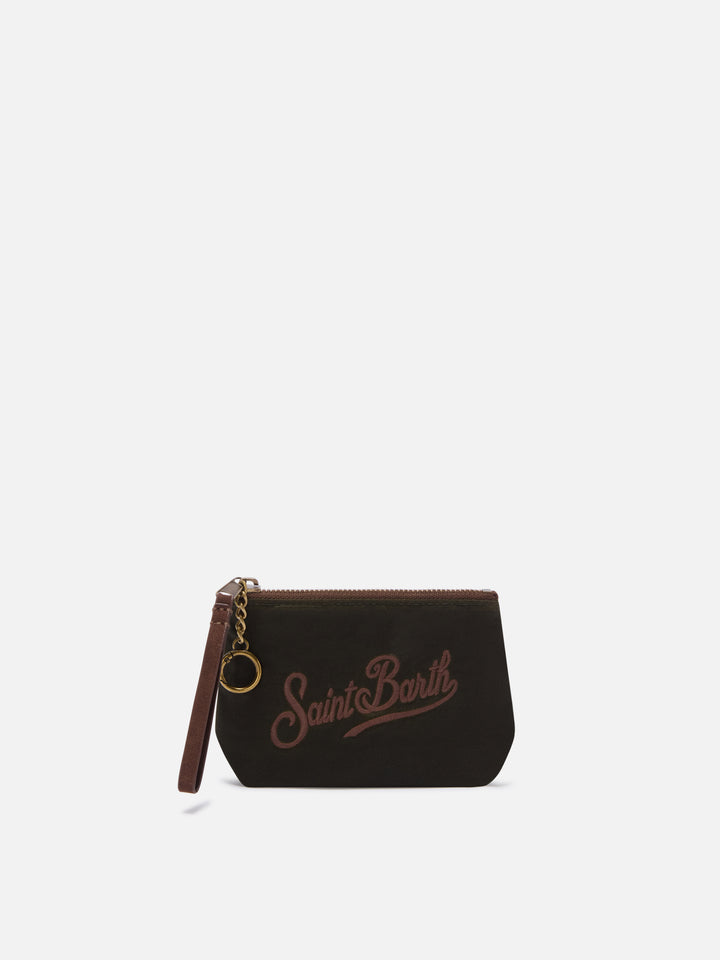 Pochette Mini Aline verde militare in tessuto cerato con ricamo logo