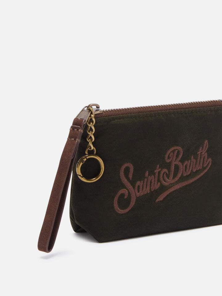 Pochette Mini Aline verde militare in tessuto cerato con ricamo logo