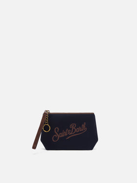 Mini Aline bleu marine blue enduit pouch avec broderie logo 