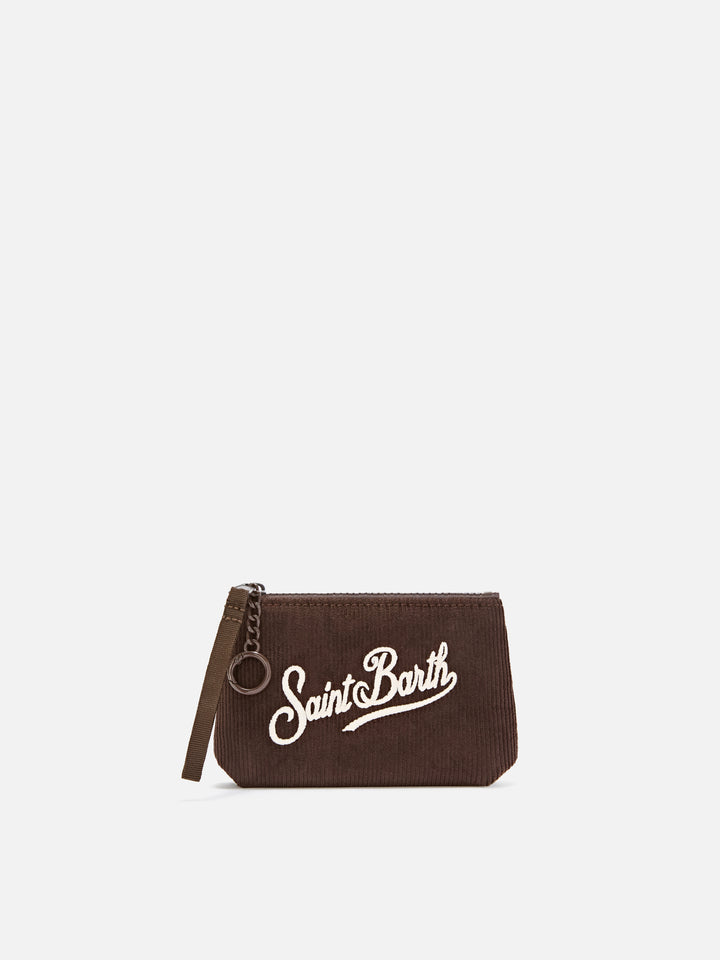 Brown Mini Aline corduroy pouch with logo embroidery