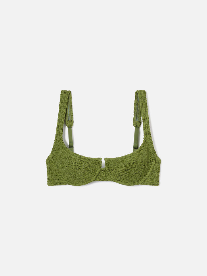 Top de bikini balconette Amira en tejido crinkle verde militar 
