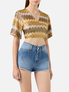 Opened v-neck blouse Angelina in raschel fabric