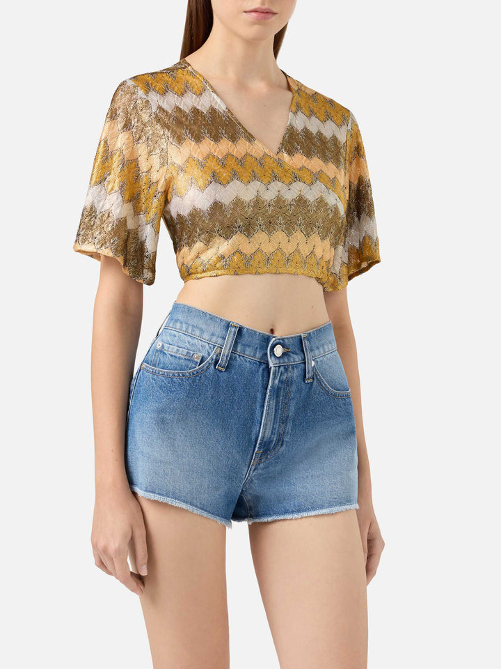 Opened v-neck blouse Angelina in raschel fabric