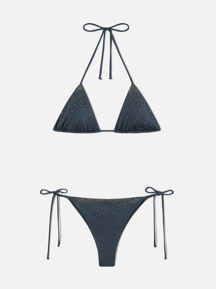 Annabelle Marielle dark grey glossy finish bikini with rhinestone details
